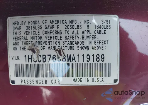 1991 Honda Accord Lx/Ex from USA, damaged, VIN 1HGCB7658MA119189